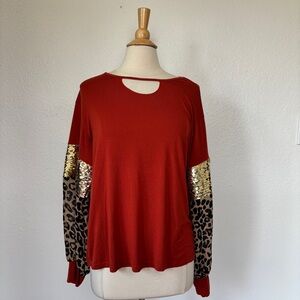Grace & Emma Orange Long Sleeve Blouse with Leopard and Gold Sequin Sleeves